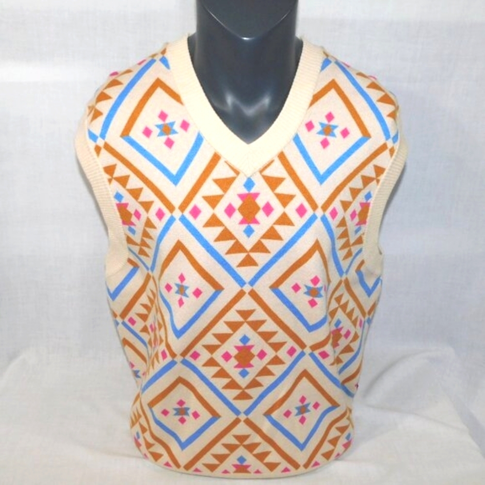 Funky Southwestern Knit Sweater Vest Cream Tan Blue Pink DJAB for SIMONS mens L